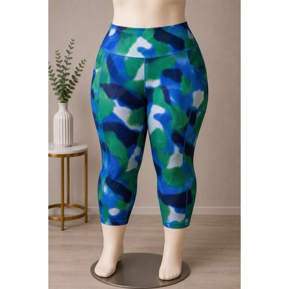 Ideology Womens Cropped Leggings Tartan Blue Abstract Print Pockets NEW 2X